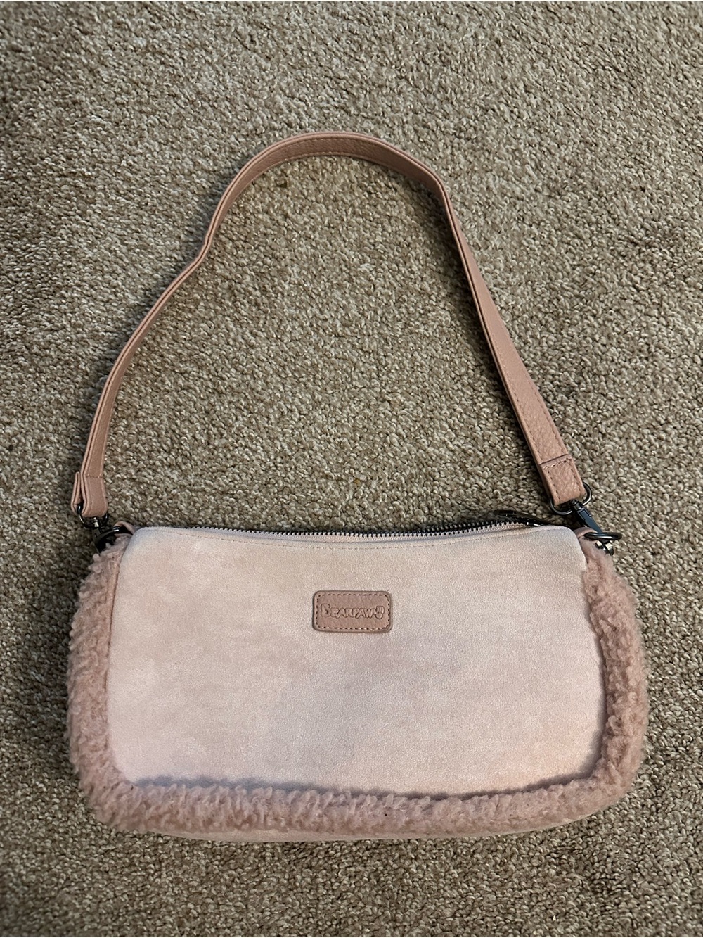 BearPaw Suede-Style Shoulder Bag with Shearling Trim in Blush